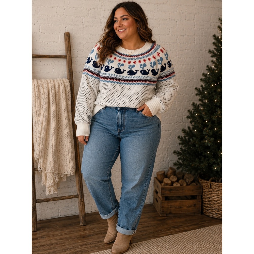 ModCloth Whale Fair Isle Cotton Sweater White Blue Red Plus Size 4X Nautical
